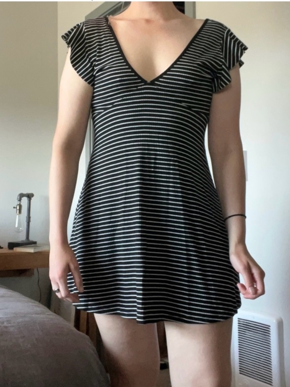 Wild fable Black & White Striped V-Neck Flutter Sleeve mini Swing Dress